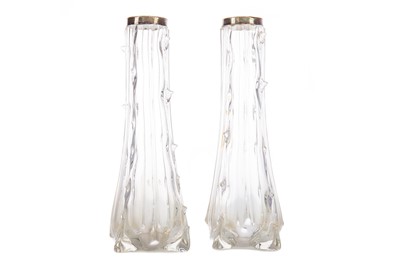 Lot 164 - A PAIR OF GEORGE V SILVER MOUNTED CLEAR GLASS VASES