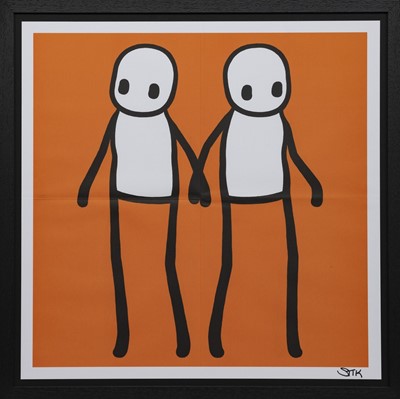 Lot 190 - HOLDING HANDS (RED, ORANGE, YELLOW & TEAL), SIGNED PRINTS BY STIK