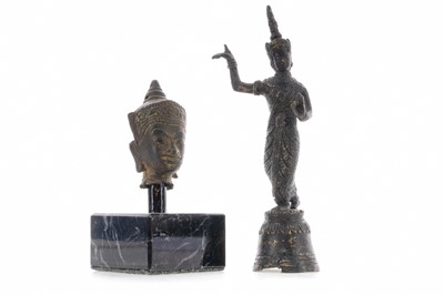 Lot 1207 - A CAMBODIAN BRONZE STATUE OF APSARA OR DANCING DEVATA AND A SMALL BUST