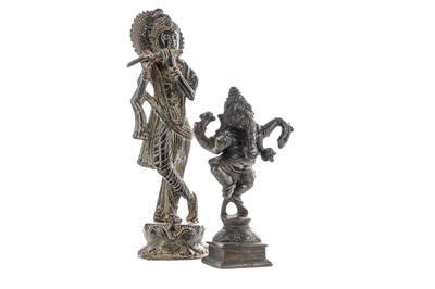 Lot 1208 - AN INDIAN BRONZE STATUE OF GANESHA AND A FURTHER STATUE OF LORD KRISHNA