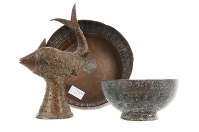 Lot 1214 - AN INDIAN COPPER FISH, A COPPER ALLOY ALMS BOWL AND A COPPER BOWL