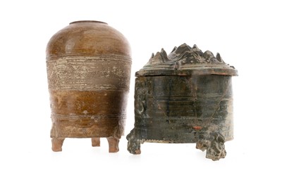 Lot 1218 - A CHINESE HAN DYNASTY GRANARY JAR AND 'HILL'-TYPE JAR