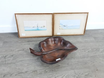 Lot 525 - A WOOD DISH IN THE FORM OF A LEAF AND TWO SMALL SAILING SHIP WATERCOLOURS