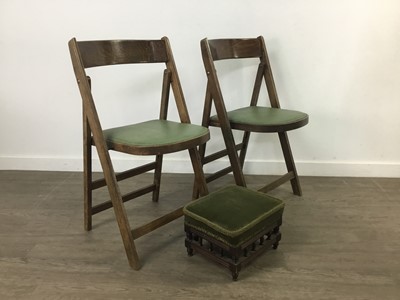 Lot 551 - A PAIR OF FOLDING CHAIRS AND A FOOTSTOOL