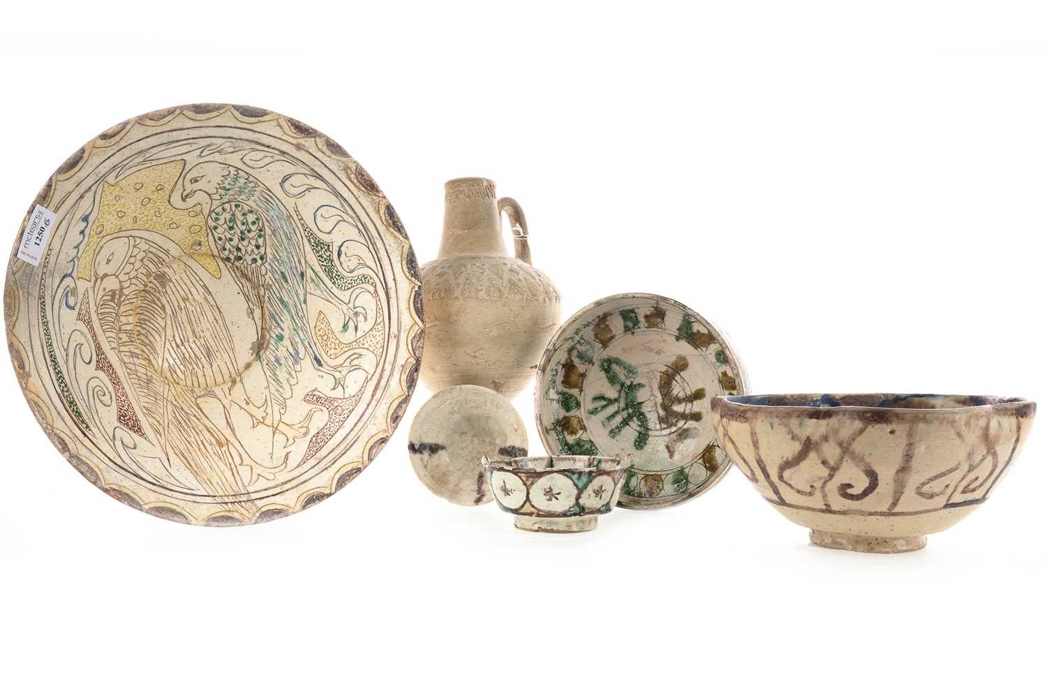 Lot 1250 - A LOT OF FIVE MIDDLE EASTERN POTTERY BOWLS AND AN INDIAN BUFF POTTERY JUG