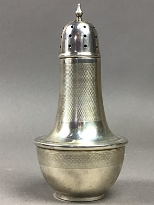 Lot 579 - A SILVER SUGAR CASTER, SPOONS, CREAM JUG AND NAPKIN RINGS