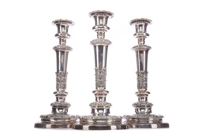 Lot 735 - SET OF THREE VICTORIAN SHEFFIELD PLATE TABLE CANDLESTICKS