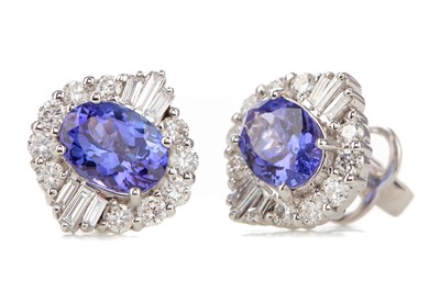 Lot 423 - A PAIR OF TANZANITE AND DIAMOND EARRINGS