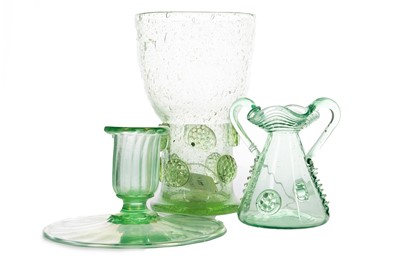 Lot 444 - A PALE GREEN WALDGLAS-TYPE ROEMER, SMALL TWIN HANDLED VASE AND A CANDLESTICK