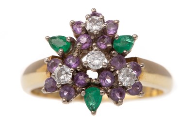 Lot 659 - AMETHYST, EMERALD AND DIAMOND RING