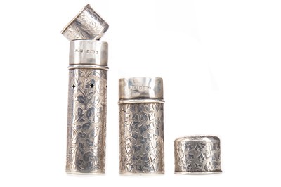 Lot 168 - AN EARLY 20TH CENTURY SILVER TRAVELLING SHAVING BRUSH AND SOAP CASES