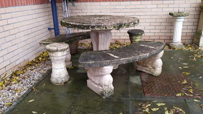 Lot 139 - A GARDEN SET COMPRISING TABLE, TWO BENCHES AND TWO STOOLS