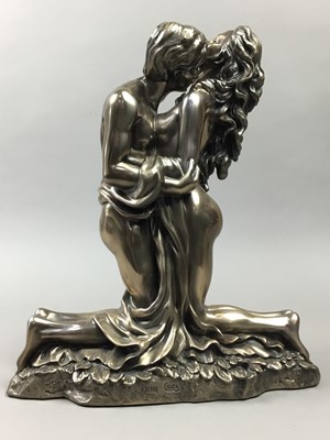 Lot 51 - A BRONZED RESIN FIGURE OF TWO LOVERS AND OTHER ITEMS