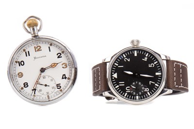 Lot 883 - A GENTLEMAN'S STAINLESS STEEL MANUAL WIND WRIST WATCH AND A HELVETIA MILITARY POCKET WATCH