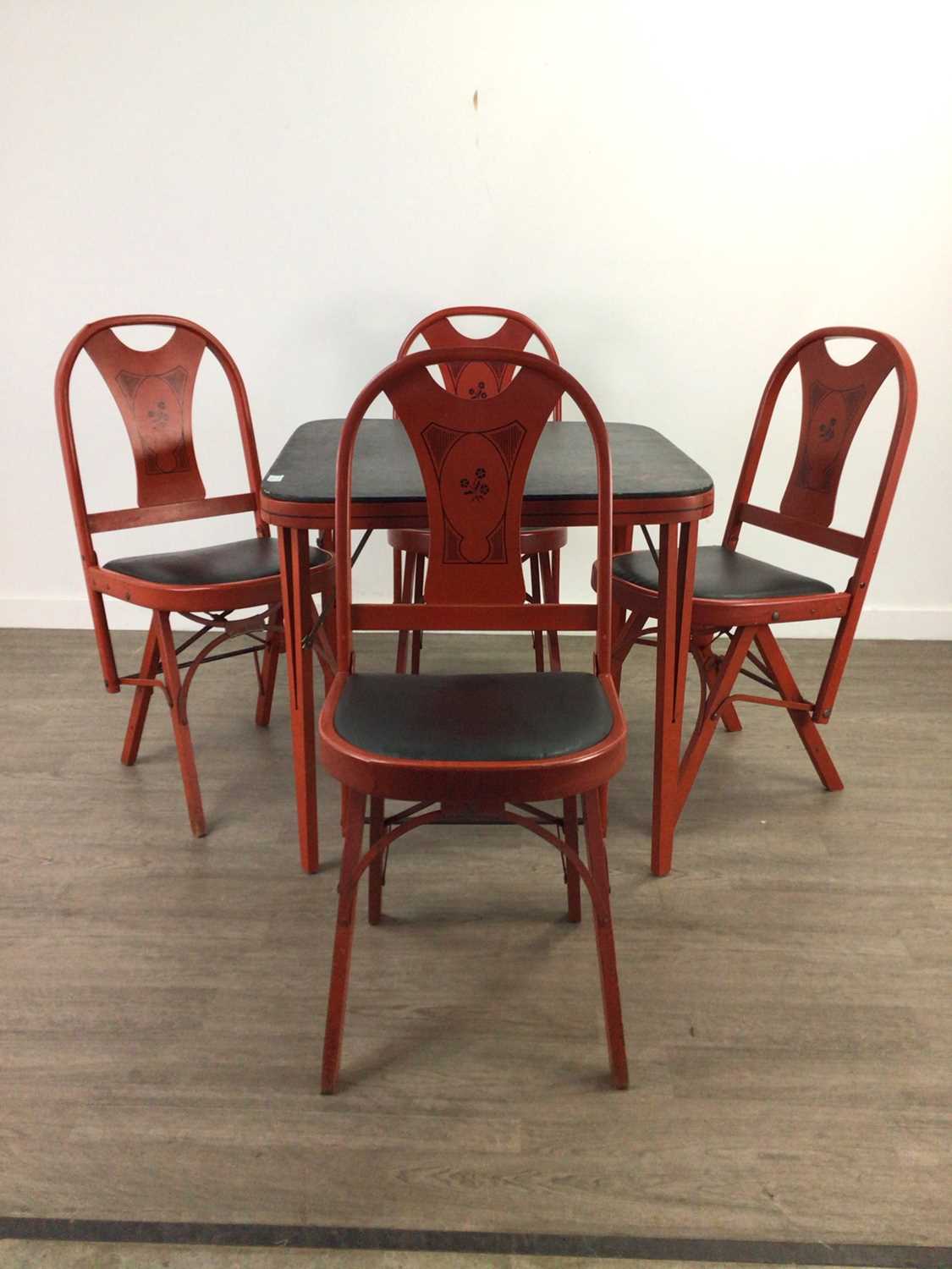 Lot 326 - LOUIS RASTETTER & SONS OF FORT WAYNE, A SOLID KUMFORT FOLDING TABLE AND FOUR CHAIRS