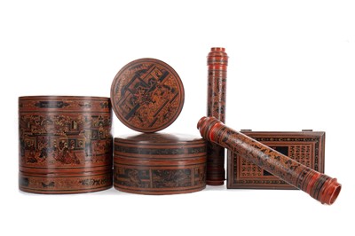 Lot 1344 - A GRADUATED SET OF THREE BURMESE LACQUER BETEL BOXES, A FURTHER BOX AND TWO SCROLL HOLDERS