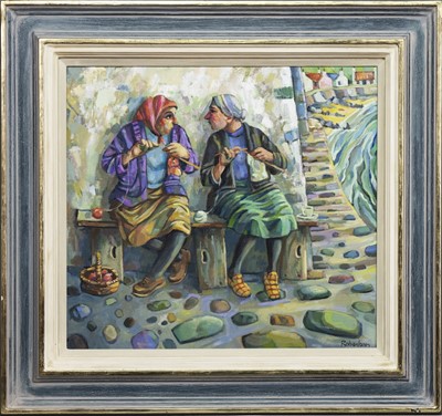 Lot 12 - SEATOWN KNITTERS, AN OIL BY JONATHAN ROBERTSON