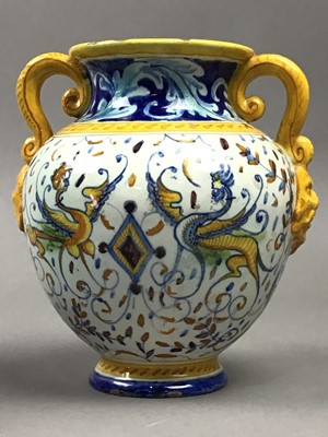 Lot 219 - AN ITALIAN MAJOLICA TWIN HANDLED VASE AND ANOTHER VASE