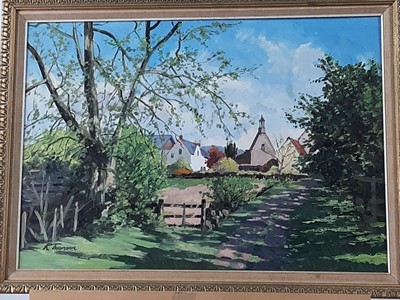 Lot 353 - VILLAGE SCENE, AN OIL BY R THOMSON