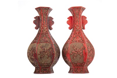 Lot 1309 - A PAIR OF CHINESE CARVED CINNABAR LAQUER VASES