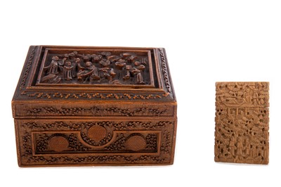 Lot 1310 - A CHINESE CANTON CARVED WOODEN CARD CASE AND RECTANGULAR BOX