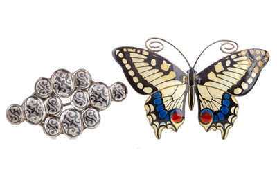 Lot 185 - A NORWEGIAN SILVER AND GUILLOCHE ENAMEL BUTTERFLY BROOCH AND A NIELLO ENAMEL BROOCH