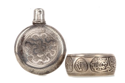 Lot 190 - AN OTTOMAN SILVER RING AND MINIATURE WHITE METAL SCENT BOTTLE