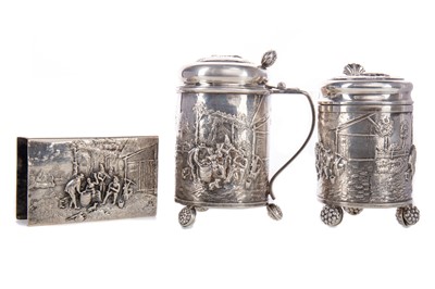 Lot 194 - TWO DUTCH SILVER PLATED TANKARDS AND MATCHBOX COVER