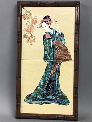 Lot 303 - A PAIR OF MODERN JAPANESE STYLE FRAMED TILES AND OTHERS