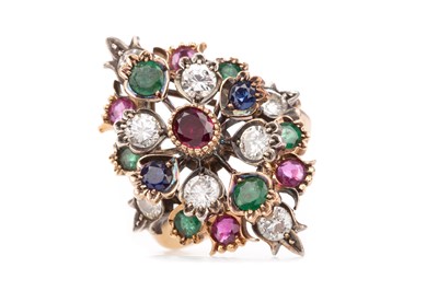 Lot 798 - A SAPPHIRE, RUBY, DIAMOND AND EMERALD SPRAY RING