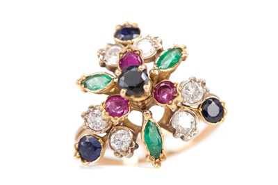 Lot 796 - A SAPPHIRE, RUBY, EMERALD AND DIAMOND DRESS RING