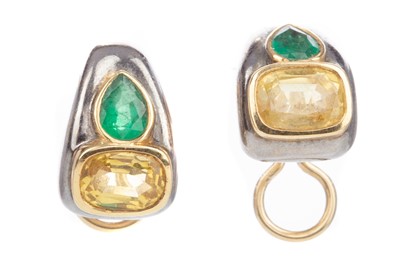 Lot 807 - A PAIR OF YELLOW SAPPHIRE AND EMERALD EARRINGS
