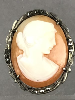 Lot 384 - A VICTORIAN OVAL CAMEO BROOCH, ANOTHER CAMEO AND A GOLD CHAIN