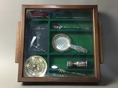 Lot 393 - A CASED SILVER PLATE COCKTAIL SET AND A BISCUIT BARREL