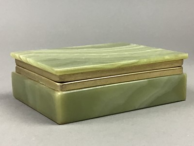 Lot 406 - A GREEN ONYX DISPLAY BOX, A BRASS CONDIMENT SET AND OTHER BOXES