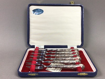 Lot 400 - A LOT OF SILVER HANDLED DESSERT KNIVES AND FORKS, SILVER NAPKIN RINGS AND PLATED WARE