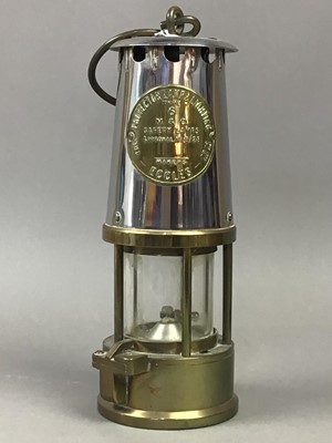 Lot 411 - AN ECCLES MINER'S SAFETY LAMP AND AN INLAID TRAY