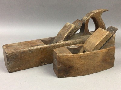 Lot 419 - A LOT OF THREE VINTAGE WOODEN BLOCK PLANES, ALSO SAWS, CHISELS AND OTHER TOOLS