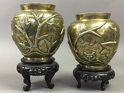 Lot 462 - A PAIR OF LATE 19TH/EARLY 20TH CENTURY CHINESE BRASS INCENSE VASES