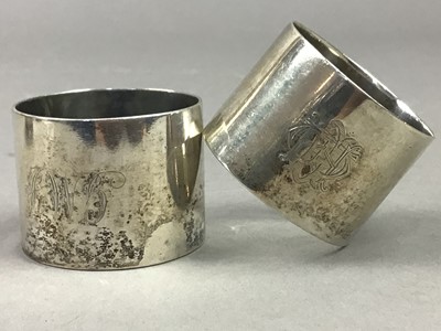 Lot 421 - FOUR SILVER NAPKIN RINGS, SILVER PIN TRAY AND PLATED WARE