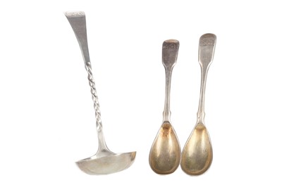 Lot 220 - A GEORGE III SILVER TODDY LADLE, AND TWO SALT SPOONS