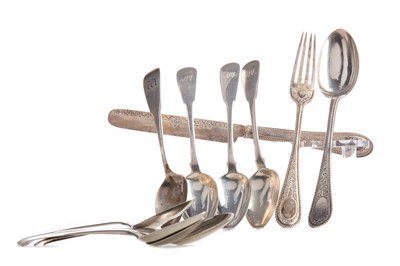 Lot 221 - EIGHT SILVER TEASPOONS AND A SILVER CHRISTENING FLATWARE SET