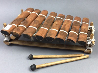 Lot 468 - A SMALL NATIVE AMERICAN XYLOPHONE AND THREE DRUMS