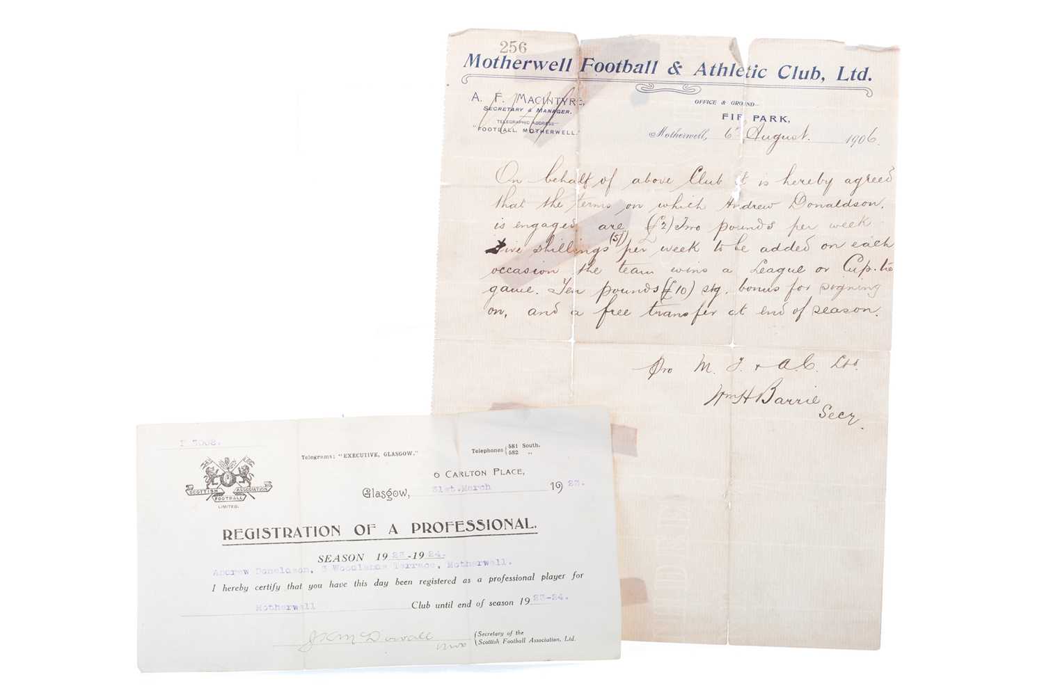 Lot 1498 - ANDREW DONALDSON, TWO MOTHERWELL F.C. CONTRACTS