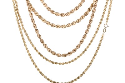 Lot 406 - FIVE GOLD ROPETWIST NECKLACES AND A BRACELET
