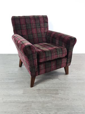 Lot 502 - A TARTAN UPHOLSTERED ARMCHAIR