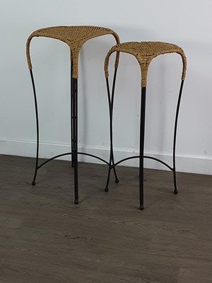 Lot 506 - A TWO METAL AND SEAGRASS PLANT STANDS AND A PAIR OF VASES