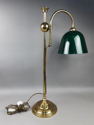 Lot 515 - A LIBRARY-TYPE TABLE LAMP WITH CONICAL GREEN GLASS SHADE