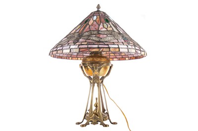 Lot 525 - AN HINK'S ART NOUVEAU CONVERTED OIL LAMP BASE WITH TIFFANY-STYLE SHADE