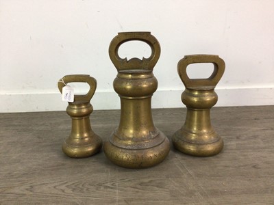 Lot 764 - A COUNTY OF LANARK IMPERIAL BRASS BELL WEIGHT, ALONG WITH TWO OTHERS